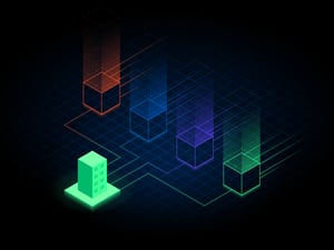 Multi-colored isometric illustration of enterprise building connecting to four boxes resell partners