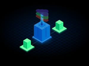 Multi-colored isometric illustration of cloud connectivity and CoreSite Data Center