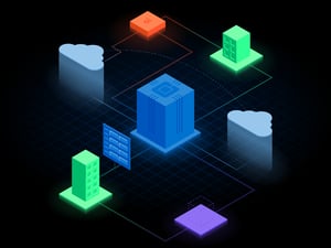 Multi-colored isometric illustration of multi-cloud connection open cloud exchange OCX