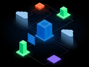 Multi-colored isometric illustration of multi-cloud connection through the OCX