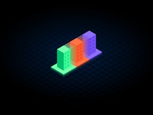 isometric illustration three multi-colored servers blending together