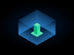 green isometric drawing of a server secured in a transparent blue box