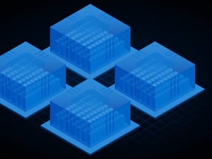 Blue isometric illustration of 4 transparent CoreSite data centers revealing servers inside